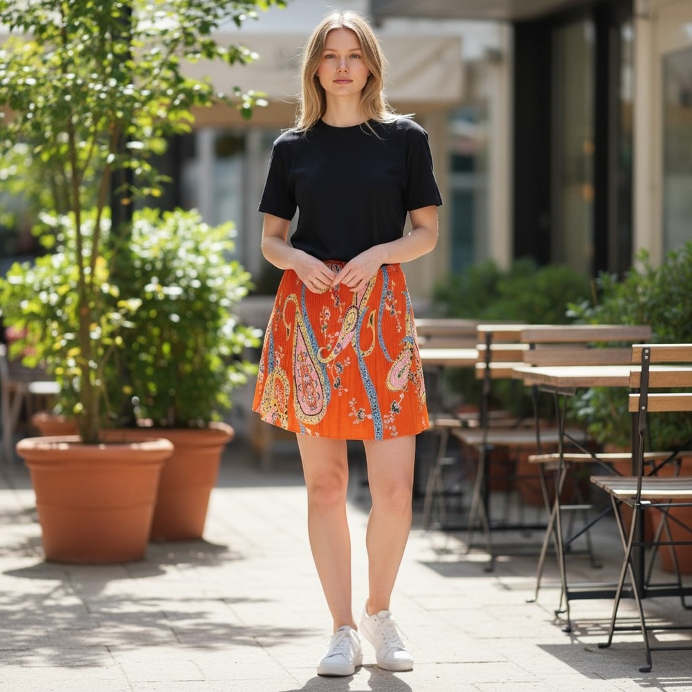 Melissa Paige Mini Skirt Womens PXL Orange Excellent Pleated Paisley SM42722P